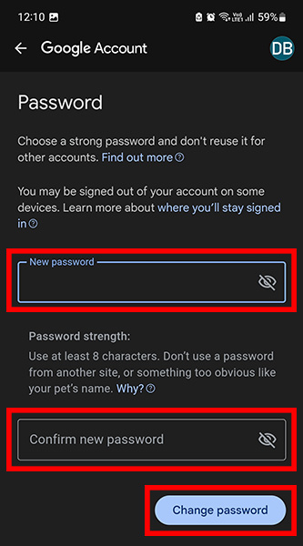 Change Gmail account password on Android device
