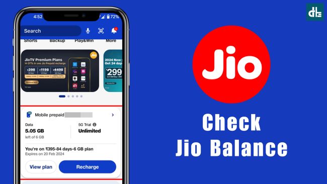 A smartphone showing Jio balance on MyJio apps with step-by-step on how to check Jio balance