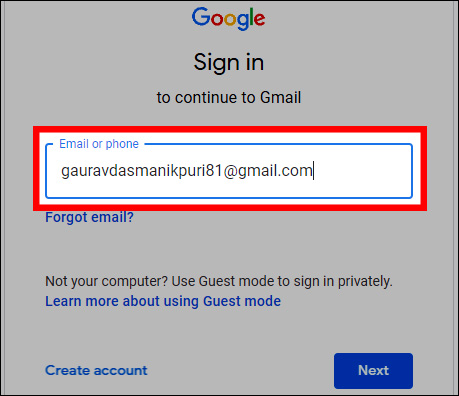 Entering email address or phone in Gmail