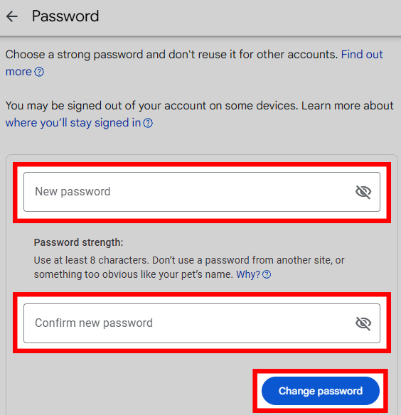 Entering new Gmail password in Google account manager