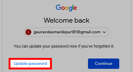 Update password option on Google recovery to reset forgotten Gmail password