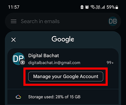 Manage your Google Account option on Gmail for password changing