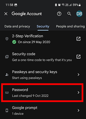 Password Tab in Gmail Google account manager to change password