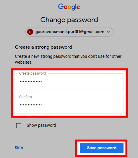 Resetting new password for forgotten Gmail password
