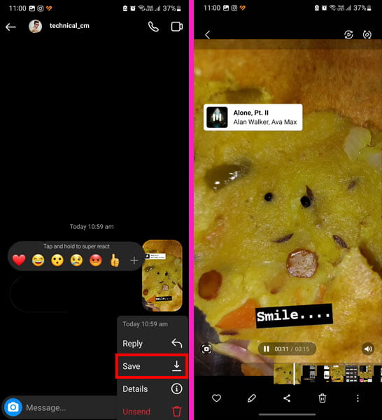 Save Insta story without music via Sharing in DM