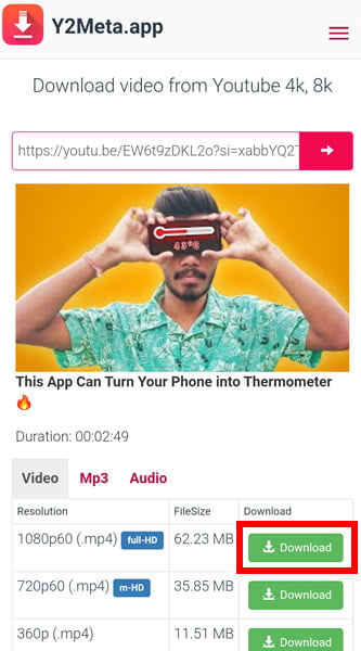 Downloading YouTube video from Y2Meta App