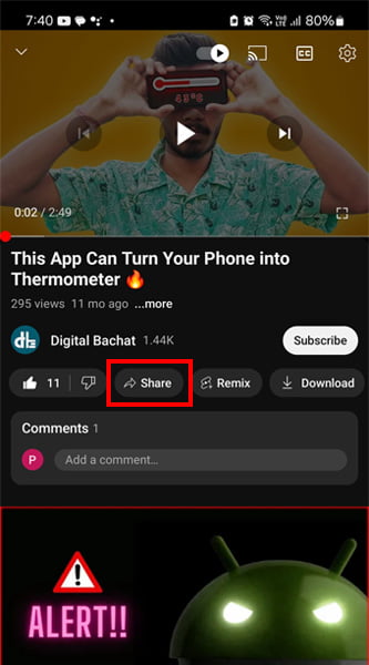 YouTube Video Share option to download video on mobile