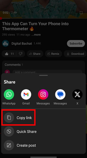 YouTube video link copy option to download on mobile