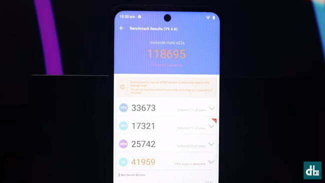 Moto E22s phone showing antutu score