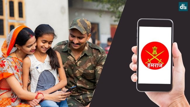 A soldier with his wife and daughter happily looking the Hamraaz app on phone