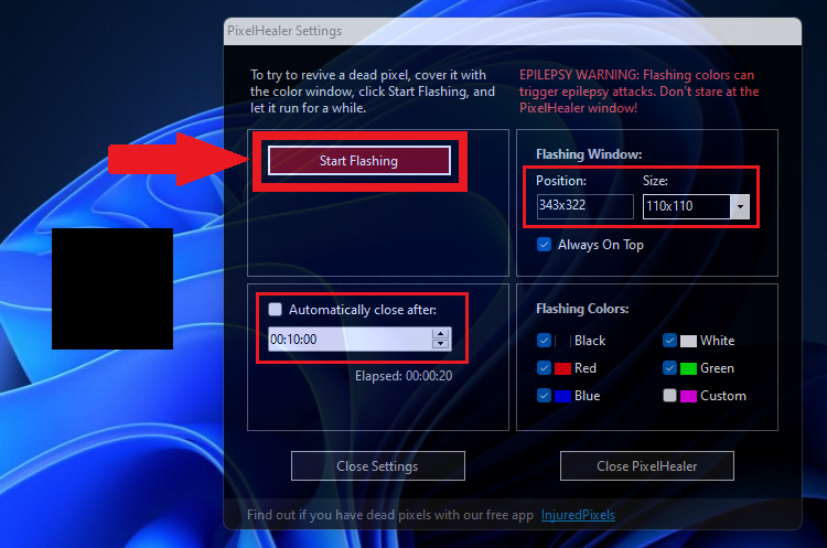 Repairing black spots on laptop using Pixel Healer software