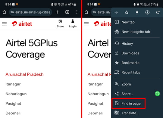 Enabling Find in Page option in Chrome for Airtel 5g cities site
