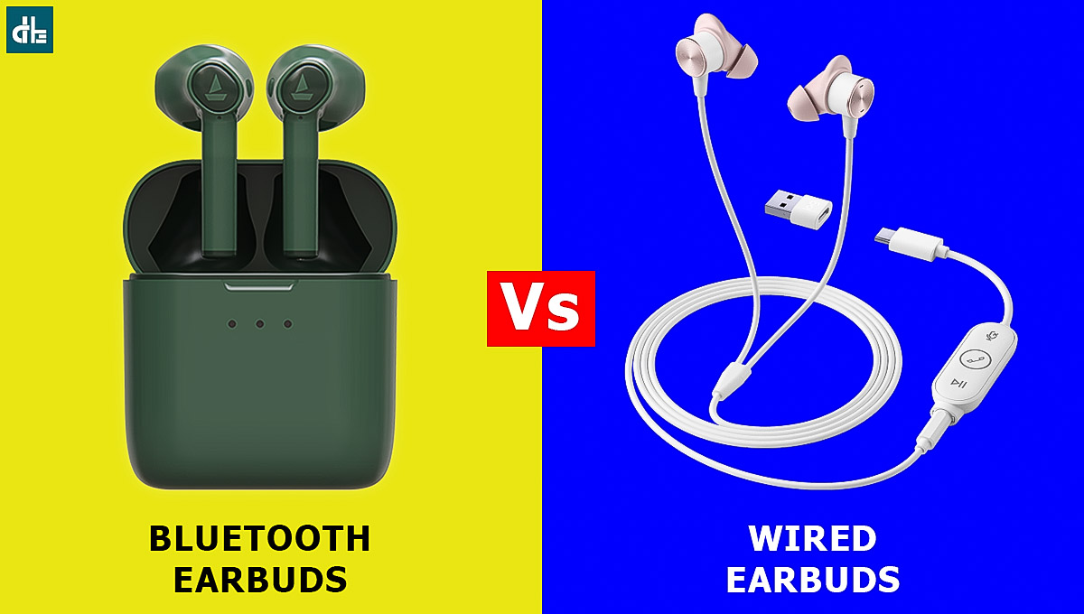 Bluetooth earbuds on a yellow background and Wired earbuds showing which one is better between Bluetooth Earbuds vs Wired Earbuds