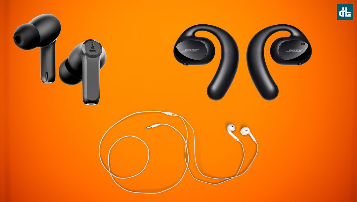 Different types of earbuds put on a orange background