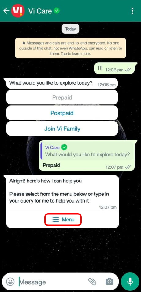 Check Vi balance using WhatsApp