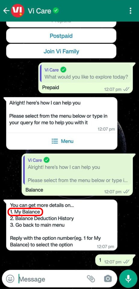 Check Vi balance using WhatsApp